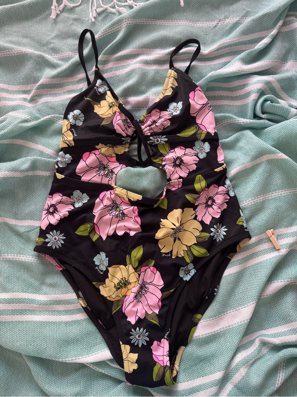 Victoria's Secret Black One-Piece Swimsuit with Pink and Yellow Floral Print